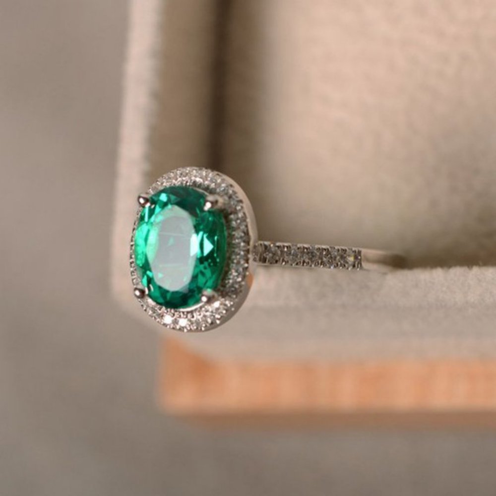 NEW Silver Emerald Diamond Halo Oval Cut Ring - Picture 4 of 6